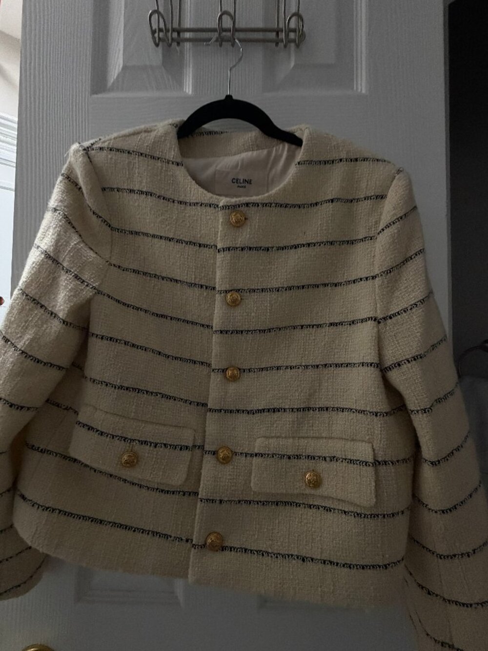Celine Cream Striped Tweed Jacket with Gold Buttons